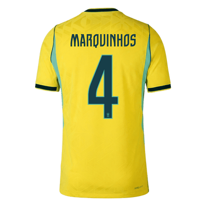 Brasilien Tröja MARQUINHOS #4 2026 Hemma Autentisk Gul-3